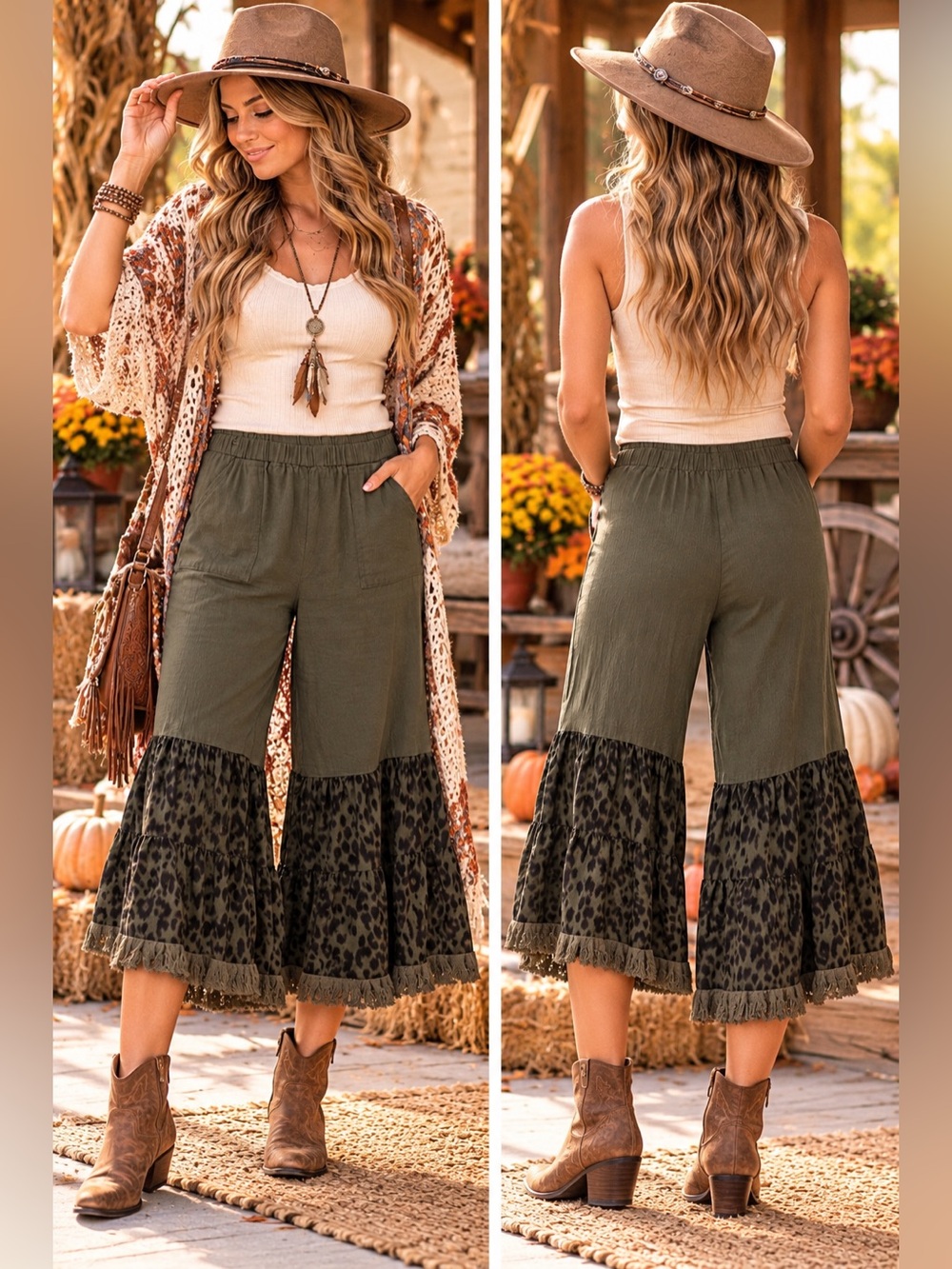 Umgee Olive Wide-Leg Pants with Leopard Ruffle Hem